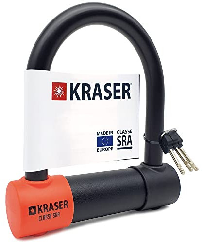 KRASER KR120S Robusto Candado Moto U Bloqueo Cepo Rueda, Homologado SRA, Alta Seguridad Testada, Arco 120x125mm ø18mm Doble Cierre, Cerradura Antiganzua, Antirrobo U Lock para Scooter, Bici Eléctrica