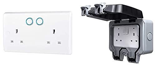 BG Electrical 822/HC-01 Smart Power Socket, Alexa Compatible Double 13 Amp, White Moulded & WP22-01 Double Weatherproof Outdoor Switched Power Socket, IP66 Rated, 13 Amp, Grey