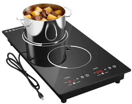 GTKZW 12“ Induction Cooktop, Double Induction Cooktop 2 Burner 110v-120v Electric Stove Top, Countertop and Built-in, 9 Power Levels, Child Lock, 120 Mins Timer
