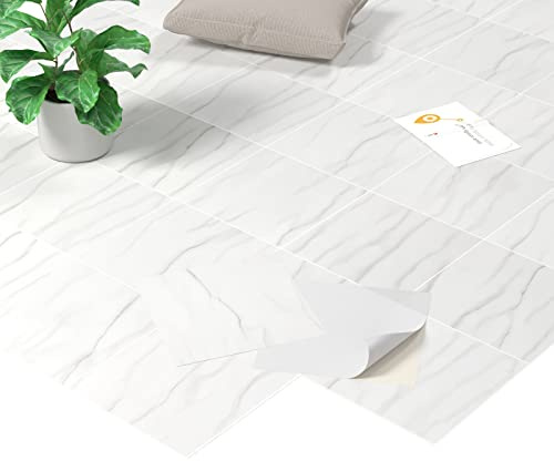 Homease PVC Bodenbelag Selbstklebende Marmoreffekt Vinylboden, Rutschfeste Wasserdichte Schneidbar Fliesenoptik Bodenfliesen für Küche Wohnzimmer Balkon, Matt Weiß 20 Fliesen 1.8m²