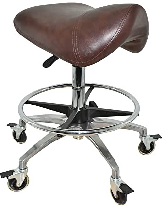 VAKON SALON - Premium Sattelhocker braun mit Bremse, Sattelstuhl für Rückenentlastung, Rollhocker höhenverstellbar von 55-75 cm mit Fußring, Praxishocker, Bürohocker, Arbeitshocker