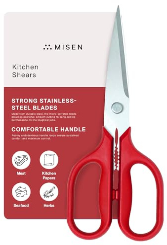 Misen Heavy Duty Kitchen Shears - Stainless Steel, Versatile and Easy Clean Scissors for Meat, Herbs and Veggies - Ambidextrous Comfort Handle - Professional Grade - Red