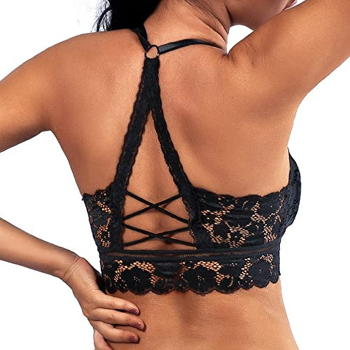 KOEMCY Reggiseno in Pizzo da Donna Halter Brassiere Senza Ferretto Push up Bralette Profondo Scollo a V Reggiseno Senza Cuciture Bustino Top (Nero,L)