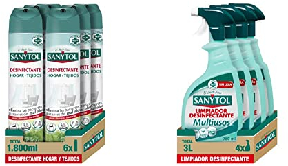 Sanytol – Desinfectante Hogar y Tejidos, Elimina Bacterias, Virus y Hongos Sin Lejía, Perfume Herbal - Pack de 6 x 300 ML = 1,8L & Limpiador Desinfectante Multiusos - Pack de 4 x 750 Ml = 3L