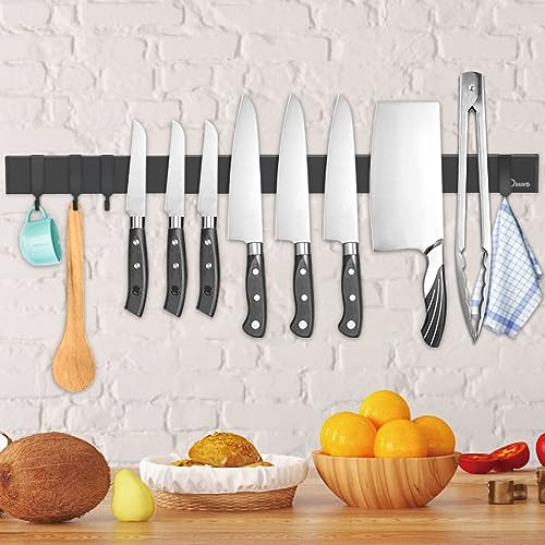 Dmore 59 cm Magnetleiste Messer mit 4 Haken, schwarzer Messerhalter magnetisch ohne Bohren, leistungsstarker Magnet Messerhalter, inklusive Klebeband und Schrauben für Messer, Utensilien und Werkzeuge