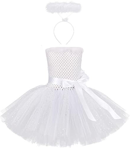 IMEKIS M?dchen Engel Teufel Kost?m Halloween Cosplay Verkleidung Prinzessin T?ll Tutu Kleid mit Stirnband Fee Geburtstag Karneval Party Outfit Wei?-2tlg 9-10 Jahre