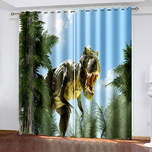 MAYNUO Blickdichte Vorhänge Mit Motiv 3D Dinosaurier Kinder Gardinen Blickdicht Ösen Gardine Thermo 264x214 cm Schlafzimmer Kinderzimmer Vorhänge Dekoratives Muster, Verdunklungsvorhänge