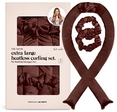 Kitsch Set Arricciacapelli Senza Calore in Raso – Boccoli Notturni con Curler e 2 Scrunchies in Raso – Bigodini per Dormire e Ottenere Onde al Mattino – Blowout Senza Calore – Cioccolato