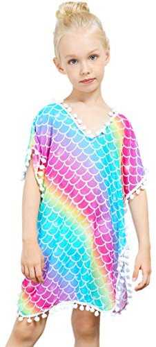 Nidoul Kid Girls Chiffon Unicorn Rainbow Cover-up Beach Swimsuit Coverup Pompom Tassel