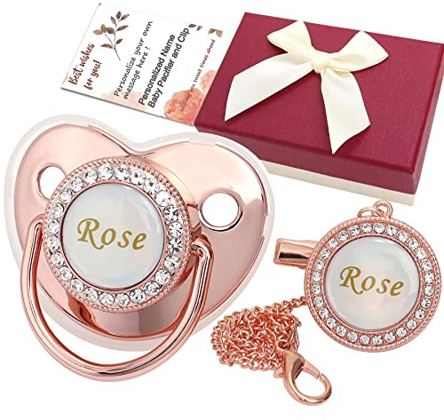 Munchewy Personalisierter Schnuller und Clip mit Geschenkbox, Grußkarte, glitzernder Kristall, luxuriöses Schnullergeschenk für Jungen, Mädchen, Babyparty, Neugeborene, Fotografie (Roségold)