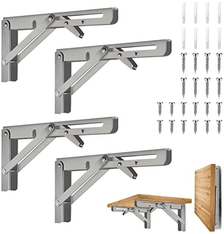 4 Pièces Équerre Pliante 30cm,Support Console Pliable,Supports D' étagères Pliants Charge,Equerre Etagere,Lourds Support Console Pliable Rétractable Murale en Acier Inoxydable pour Garage,Cuisine