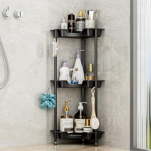 SWTYMIKI Corner Shower Caddy Standing - 3 Tier Floor Standing Shower Organizer with 4 Hooks, Plastic Metal Splicing Rustproof Corner Stand Bathroom Shelf Storage Rack for Bathroom, Bathtub, Black