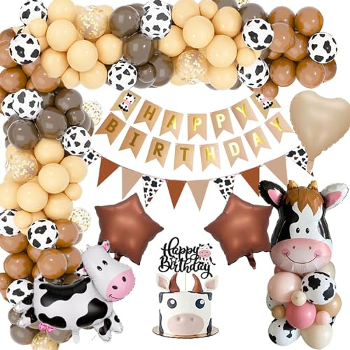 YYDSXK Kuh Geburtstagsdeko Junge, Braun Kuh Deko Geburtstag Set | Happy Birthday Banner, Kuchendeko, Kuh Folienballons, Party Luftballons Geburtstag für Baby Shower, Bauernhof Geburtstag Deko