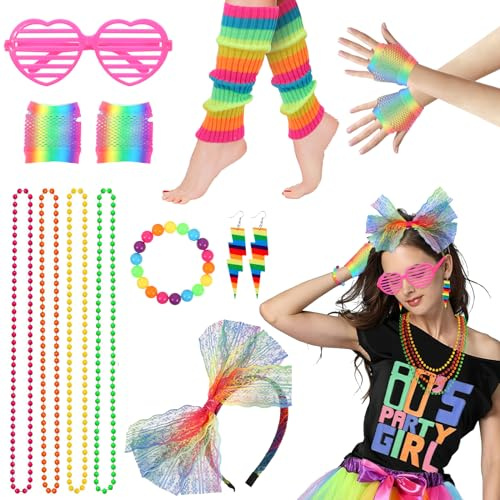 Hifot 10 Stücke 80er Jahre Outfit Damen,Neon Stirnband Ohrring Halskette Armband Netzhandschuhe 80er Jahre Accessoires für Neon Thema Party 80er Karneval