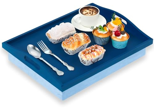 Tioncy 1 Piece Bamboo Lap Tray with Detachable Pillow 16.9'' x 13'' Lap TV Trays Desk with Handles for Adults Eating in Recliner Breakfast Housewarming Gift (Blue)