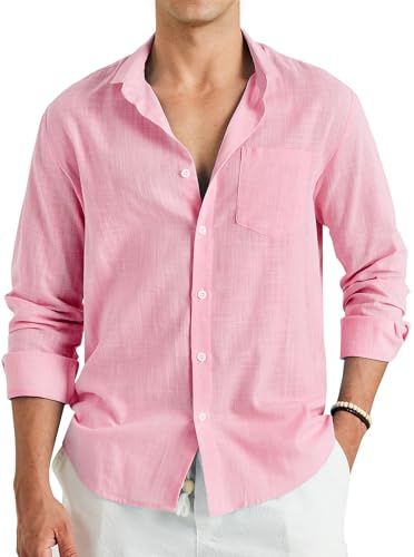 Enlision Chemise Lin Homme Rose Manches Longues Été Coton Chemises Henley Shirt Leger Ample de Couleur Unie Casual Classique de Plage 2XL