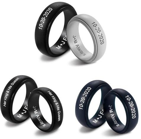 MeMeDIY Personalisierter Silikonring für Männer/Frauen Eingravierter Name/Symbol/Datum/Text Silikon-Paarringe Benutzerdefinierte Gummi-Eheringringe 5,7 mm/8 mm Breite