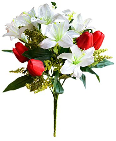 BFYDOAA Flores Artificiales de Cementerio, 2 Unidades, Tulipanes de Lirio de Seda Realistas, Ramos de Arbustos Mixtos, para Mesa del Hogar, Tumbas, Arreglos Florales de Boda(Rojo Blanco)
