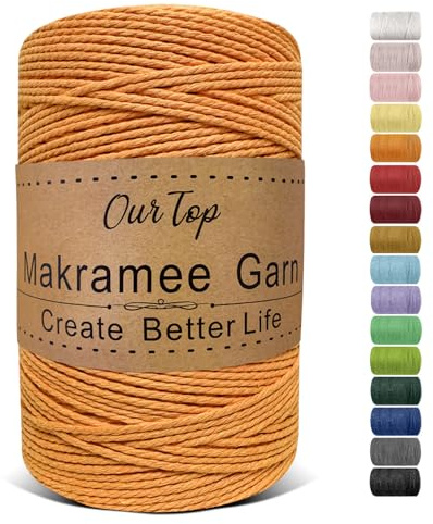 OurTop Premium makramégarn gult, 2 mm x 500 m, makramésnöre, garn för gör-det-själv hantverk, vävning, dekoration, hängande växt växt hängare