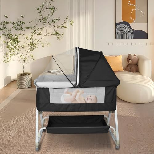 HUOLE 3 in 1 Beistellbett, Reisebett Baby mit Matratze, Babybett 6 Fach höhenverstellbar mit Aufbe, tragbarer Stubenwagen mit Rollen für Baby bis 36 Monaten-92 * 52 * 106-118cm- schwarz