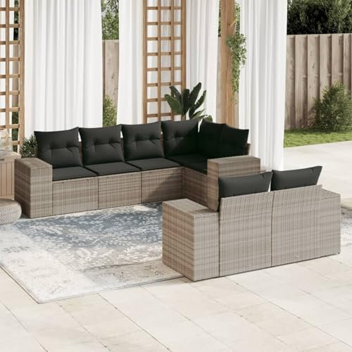 Homgoday 7-TLG. Garten-Sofagarnitur mit Kissen Balkonmöbel Gartenlounge Sofa Lounge Gartenmöbel Sitzgruppe Gartensofa Balkonsofa Balkon Lounge Gartenset Hellgrau Poly Rattan