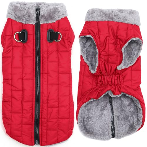JoyDaog Cappottino per cani in caldo pile con imbracatura resistente Buitl con anello a D, giacca impermeabile per cuccioli di piccola taglia, gilet per cani per l'inverno freddo, rosso, S