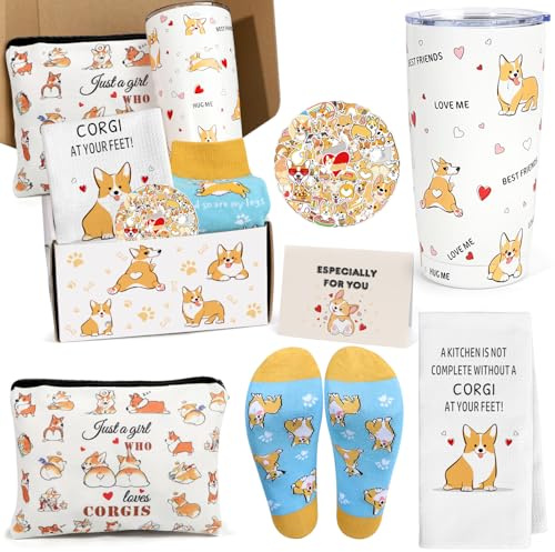 UAREHIBY Corgi Gifts for Corgi Lovers,Christmas Birthday Corgi Gift Box for Women,20 OZ Corgi Dog Tumbler,Cute Corgi Make up Bag,Funny Corgi Dish Towels,Corgi Socks,Gifts for Dog Mom