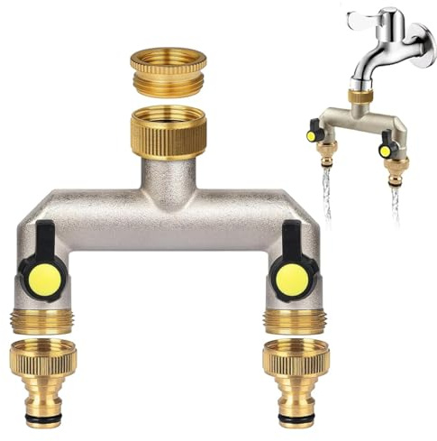 Aiyraa 2 Wege Wasserhahn Wasserverteiler, 3/4 Zoll Messing Wasserhahn Verteile, Y Verteiler 3/4 Adapter 1/2 für Gartenschläuche, Kugelhahn zum Einstellen und Absperren des Wasserflusses