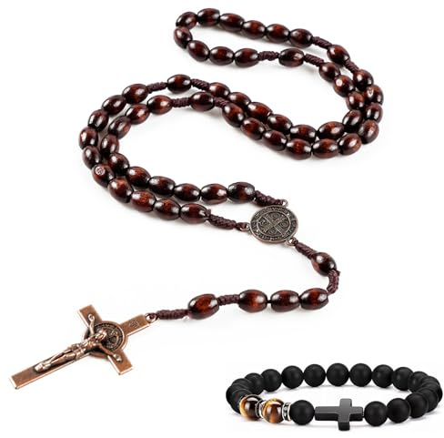 AIBAOBAO Collana Croce Rosario Cattolico, Rosario Collana Uomo Donna in Legno, Collana Crocifisso, Bracciale con Perline in Ossidiana Nera Naturale per Comunione religiosa, Battesimo, Messa, Bibbia
