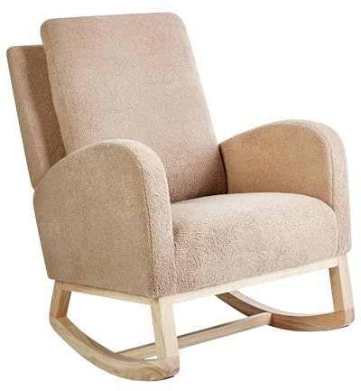 Beliani Silla Mecedora balancín tapizado de bouclé Patas de Madera de Caucho con reposabrazos Sala de Estar sillón de Lactancia Beige Alsta