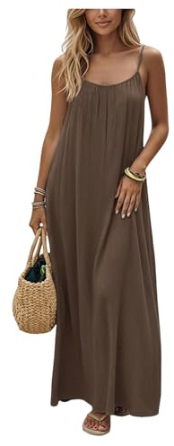 SHENHE Women's Open Back Spaghetti Strap Beach Maxi Dress Loose Flowy Vacation Sundress Coffee Brown Medium