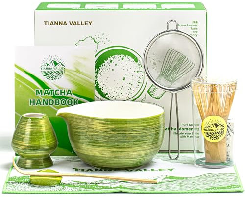TIANNA VALLEY Matcha Kit, 7 pezzi di Verde matcha set, kit Matcha per cerimonia, ciotola in ceramica da 480 Ml/16.2 Oz con beccuccio, frusta e supporto in bambù, set di tè Matcha tradizionale