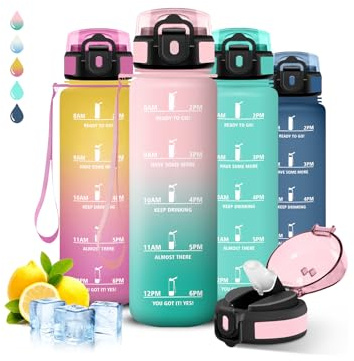 Grsta Borraccia 1 litro, Borraccia con Cannuccia, Senza Perdite, Motivazionale, Facile da Pulire, con Orari per Bere, Con Slogan Motivazionale, per Fitness, Campeggio, Yoga, Escursioni