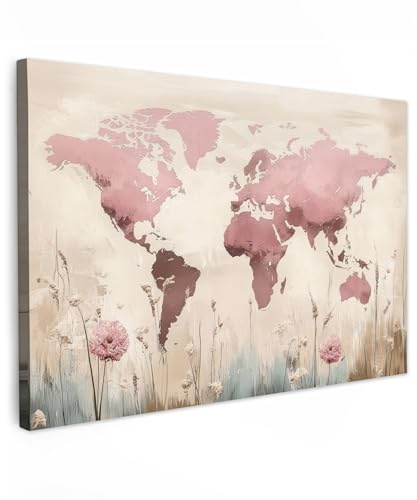 MuchoWow© Leinwand Groß XXL Deko Schlafzimmer Aesthetic Leinwandbilder | 120x80 cm - Wohnzimmer Gemälde Foto Geschenk Living Room Decoration Weltkarte - Rosa - Blumen