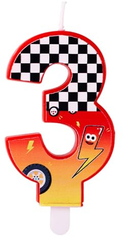 Geburtstagskerze mit Rennsport-Thema, Rot Karierte Zahlenkerze mit Blitz und Autoradmustern für Geburtstagsfeier Babyparty Rennwagen-Mottoparty Dekoration(Nummer 3)