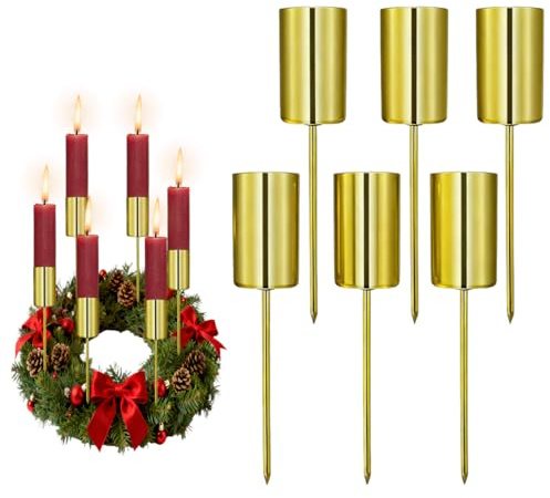 Portavelas de Adviento Dorados – Set de 6 Portavelas de Metal Candelabro, con Punta Firme para Máxima Seguridad, Diseño Elegante de Metal, Ideal para Coronas y Arreglos Florales Festivos DIY