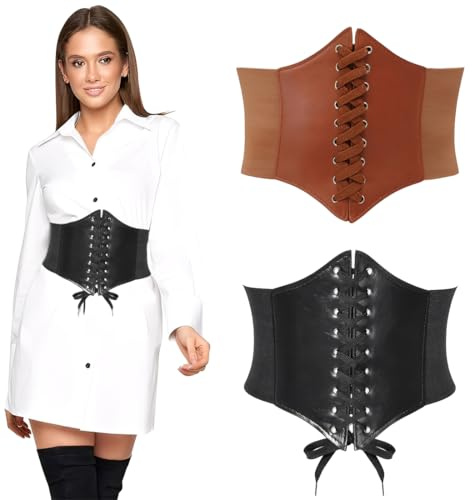 JYNVO 2 Pack Cinturones Ancho para Mujer Cintura Elástica Ancha Correa de Piel con Cordones Corsé Cinturón retro Cinch para Halloween Carnaval