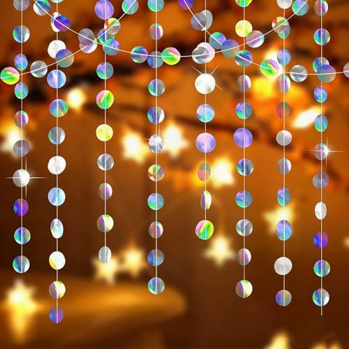 65 FT Rainbow Circle Dot Ribbon Party Decoration, 5 Pack 4M Colourful Streamers Decorations, Round Dot Hanging Decorations for Birthday, Party Streamers, Disco Ball Decorations