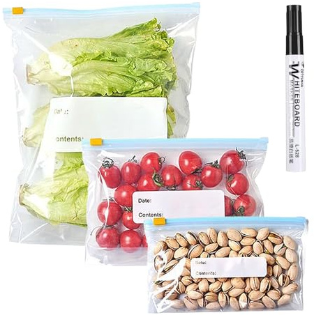 Aurafly 50 Piezas Bolsas de Congelación Zip, 3 Tamaños Bolsas de Almacenamiento de Alimentos, Bolsa Congelacion Reutilizables con Cremallera para Fruta Verduras Carne Sándwich