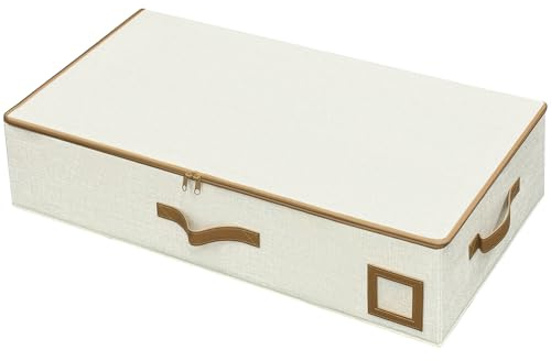 Gabbrielli Home and More Premium förvaringslåda för underbädd, 1 200D linne, förstärkta sidor med plastplattor, dragkedjelock, veganska läderhandtag, etiketthållare, vikbar (beige – enkellåda)