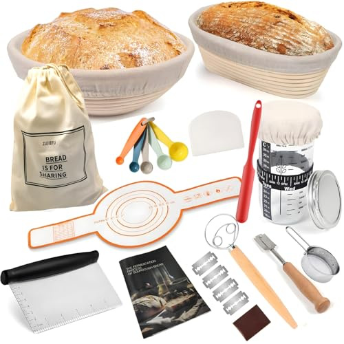LUFUHOTY Brotbackset mit 2 Gärkörben (24 cm Rund & 25 cm Oval)– Natürliches Rattaninkl. Sauerteig-Glas, Brotschneider, Teigschaber und Dänischem Schneebesen – Perfektes Starterkit für Brotbacken