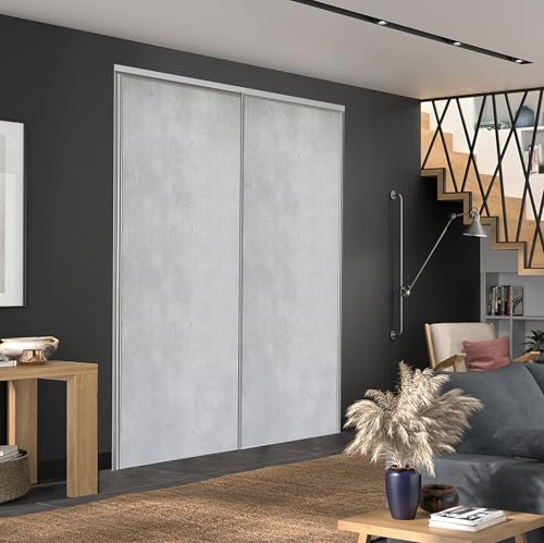 2 portes de placard coulissantes pour une hauteur de 250 cm et une largeur totale de 120 cm, décor béton clair, profils et rails gris inclus