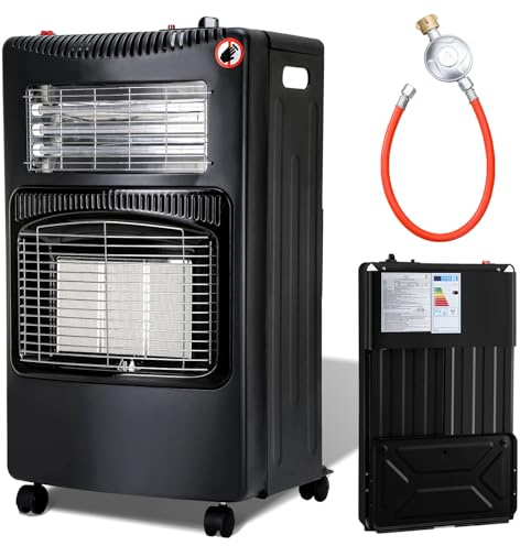 ISOISL Gasofen & Heizstrahler Gas 4.2kW+1.26kW, 3-fach Schutz für Innenräume, Terrasse, Garten, 3 Heizstufen, Platzsparend Faltbar, inkl. Gasdruckregler und Gasschlauch
