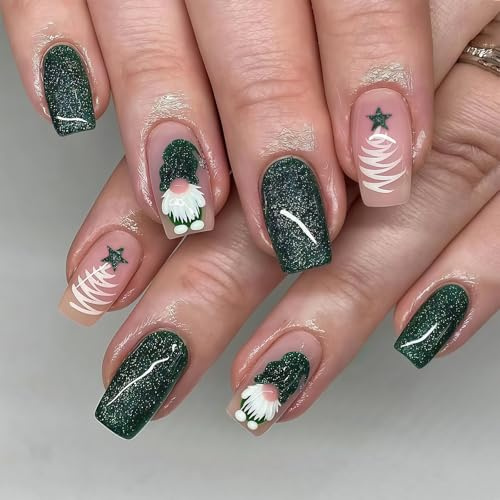 Auroriel 24 Pièces Noël Pression Sur Vert Paillettes Gnome Autocollants Carré Moyen Faux Ongles Hiver Noël Ongles Acryliques Pour Femmes Et Filles