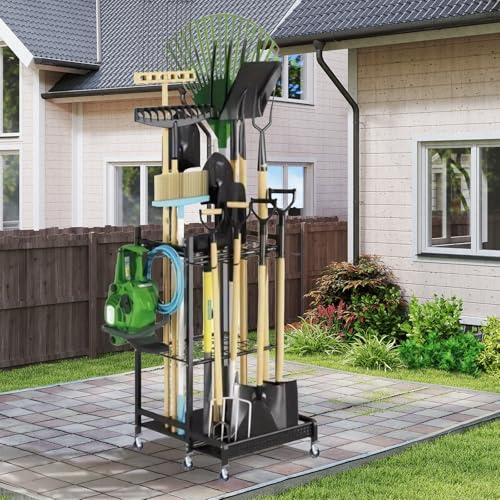 HAMON Heavy Duty Garden Tool Storage Rack, 3 Tier Garden Storage Rack Organiser, 35 Tool Capacity, Yard Tool Tower Rack with Wheels for Garage, Yard, Patio, Indoors Outdoors, Black