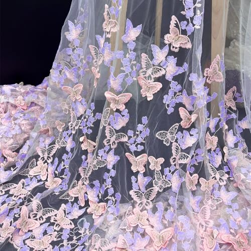 Vayliro 1 Yard Spitzenstoff Breite 155 cm 3D Schmetterling Stickerei Spitze Stoff Einseitiges Floralmuster 75 cm Blumenbereich Dekostoff für DIY Handwerk Hochzeit Kleidung Brautkleider,Lila Rosa