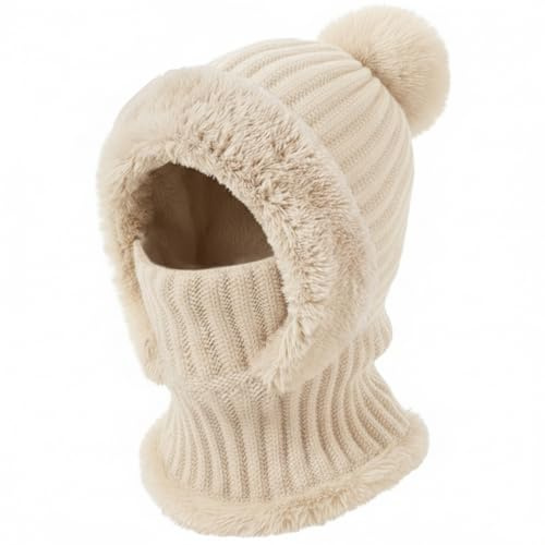 DRESHOW Vintermössa med Halsvärmare för Kvinnor Stickad Balaclava-huva Vindskyddad Balaclava med Pompom för Vinteraktiviteter Utomhus