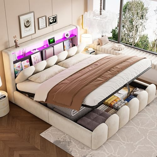 ECLIVON Polsterbett Doppelbett 180x200 mit LED Streifen und USB TYP C, Bett mit Kopfteil Stauraum, Hydraulisch Stauraumbett, Jugendbett Betten Bettgestell mit Lattenrost, Ohne Matratze, Samt (Beige)