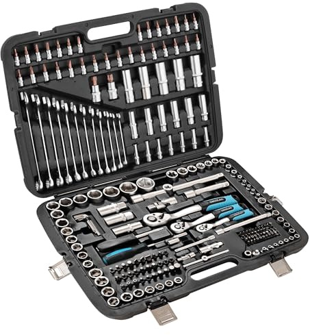 Cecotec Maletín Portaherramientas 216 Piezas ToolBox KRK 6200. 3 Carracas de 72 Dientes, Vasos CR-V, Puntas S2, 12 Llaves Fijas, Vasos para Llantas, 4 Hebillas de Cierre Metálicas