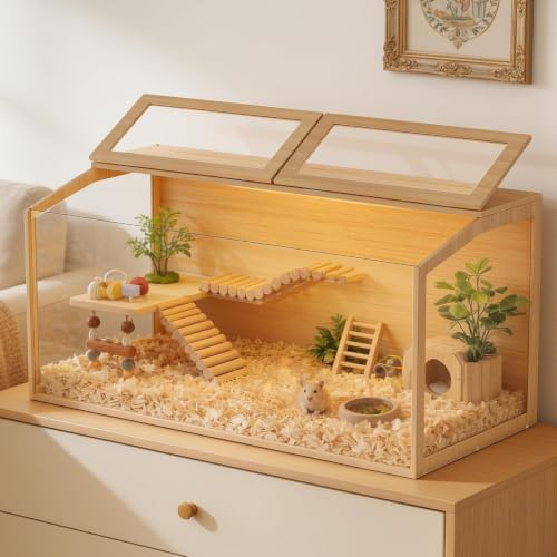 Vilanpaw Hamster Cage: 40Inch Wooden Small Animal Cage with Warm Light | Extra Large Clear Hamster House Chewy Proof with Two Openable Breathable Top